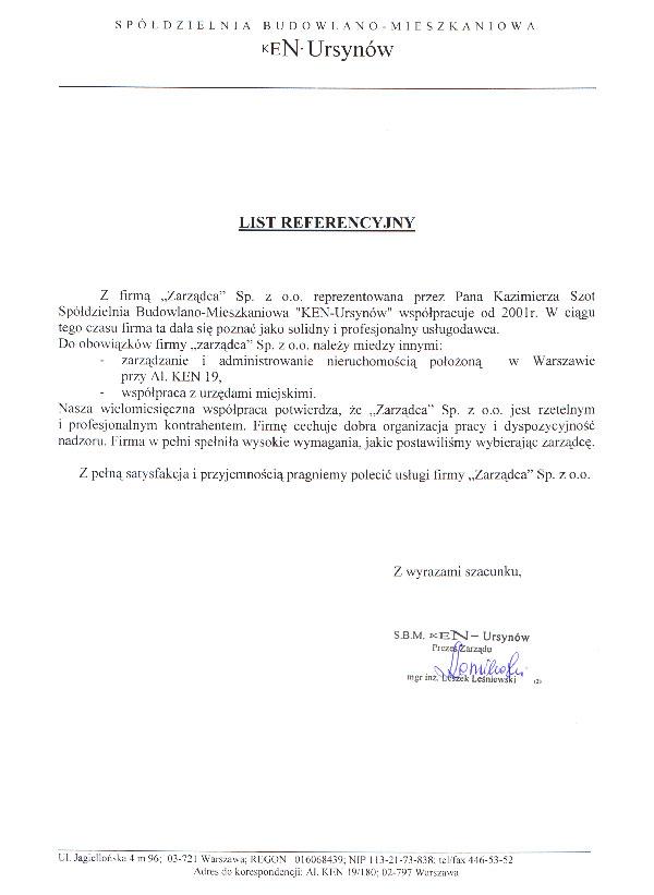 List referencyjny - S.B.M. KEN-UrsynĂłw